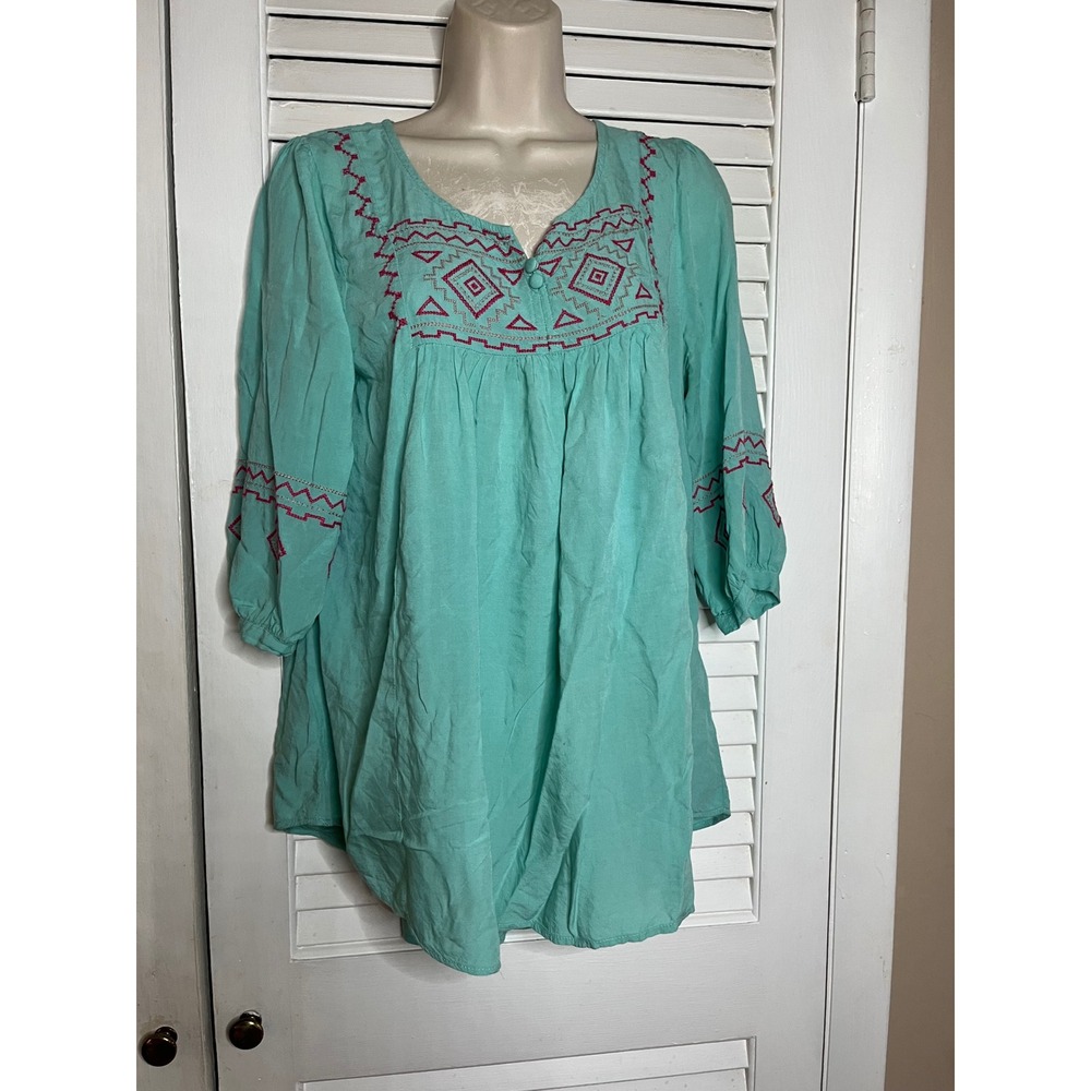 Umgee USA Boho Embroidered Peasant Top Tunic Blouse 3/4 Sleeve Casual Small